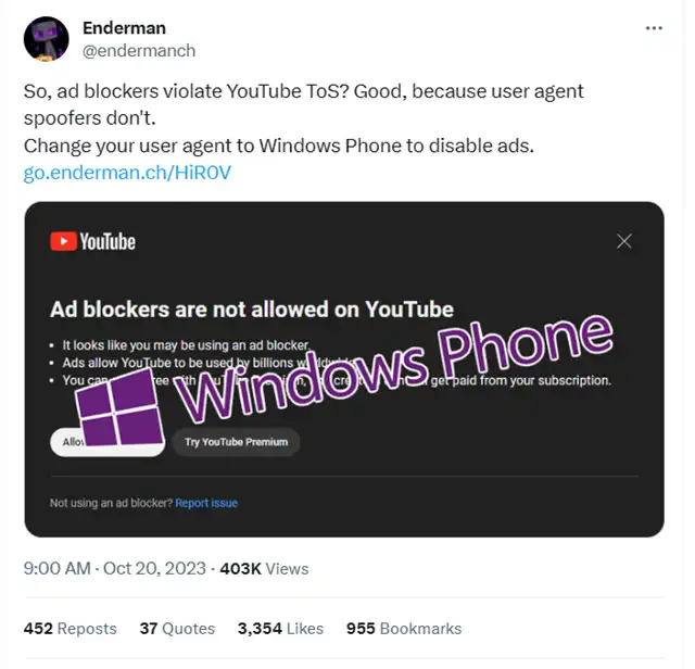 "Windows Phone" Helps Users Bypass YouTube's Anti-Ad Block Pop-ups
