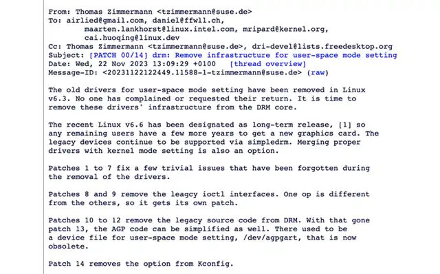 The Linux kernel will abandon "outdated graphics driver infrastructure" in the future, and users of old hardware can stay at the 6.6 LTS version