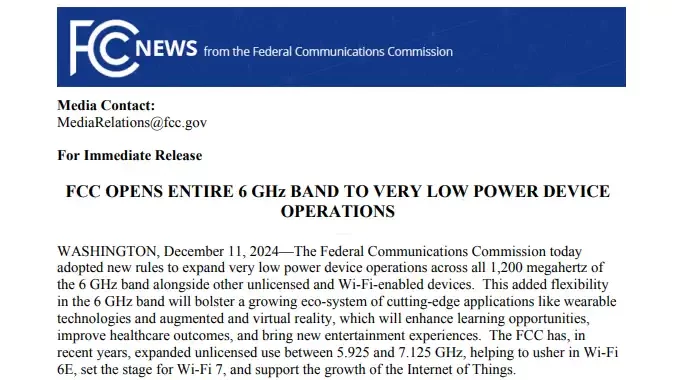 FCC Opens Entire 6GHz Band for Very Low Power (VLP) Devices