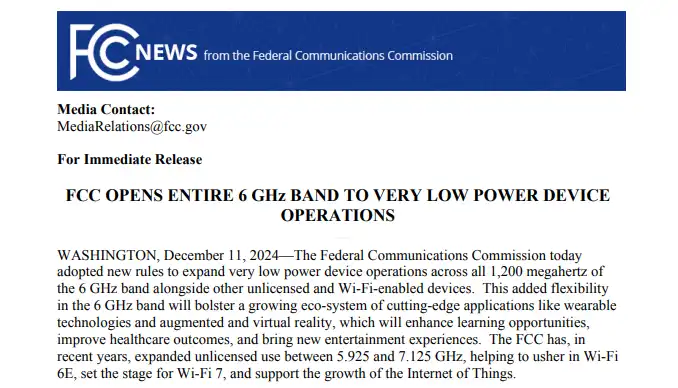 FCC Opens Entire 6GHz Band for Very Low Power (VLP) Devices