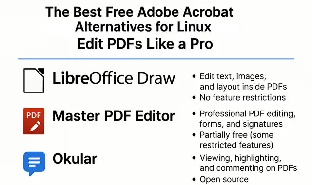 The Best Free Adobe Acrobat Alternatives for Linux: Edit PDFs Like a Pro. Several free and capable tools now offer similar functionality: from basic annotation to advanced text and image editing.