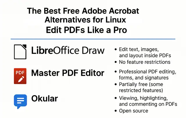 The Best Free Adobe Acrobat Alternatives for Linux: Edit PDFs Like a Pro. Several free and capable tools now offer similar functionality: from basic annotation to advanced text and image editing.